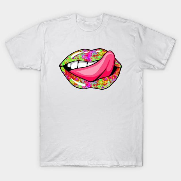 Artistic Abstract  Paint Splatter Pattern Lips with Pink Tongue - by Iskybibblle T-Shirt by iskybibblle